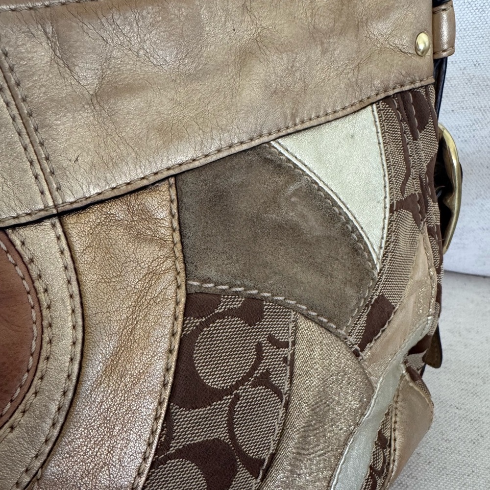 Coach Zoe Vintage Signature Jacquard Patchwork Gold Brown Shoulder Y2K Bag 12662 - Picture 9 of 17